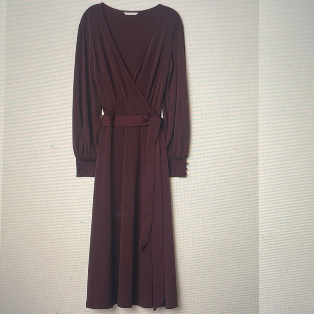 H&M Burgundy Creped Wrap-Front Midi Dress Size XS